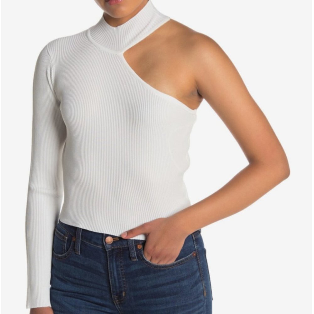Skylar Rose Mock Neck One Sleeve Knit Crop Top, Ivory, Size L